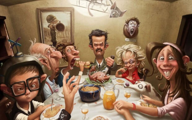 Caricatured family gathers around a dinner table, displaying wildly exaggerated expressions during a holiday meal, rendered in vivid high resolution