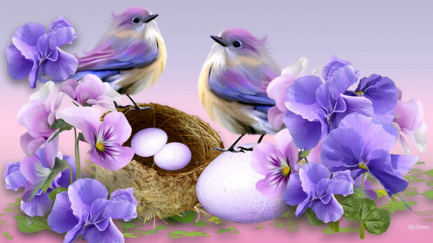 Two colorful fantasy birds perch beside a small nest containing three white eggs, framed by lush purple pansy blossoms