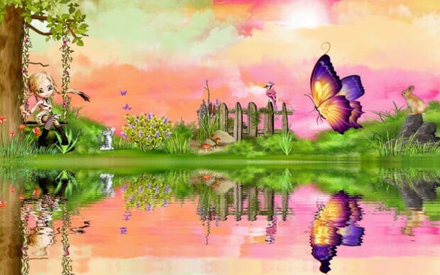 A child-like fairy swings from a tree by a reflective lake, as a giant butterfly floats above a whimsical landscape