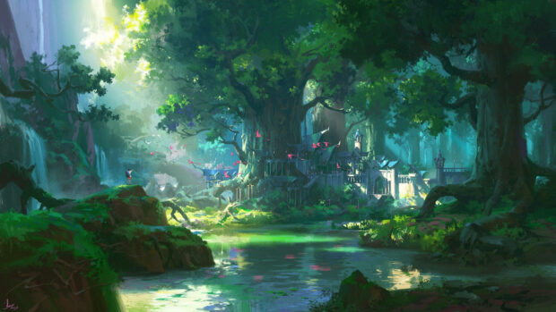 A vibrant fantasy forest reveals an enchanted village nestled among colossal trees, with a winding river reflecting the lush greenery and a distant waterfall