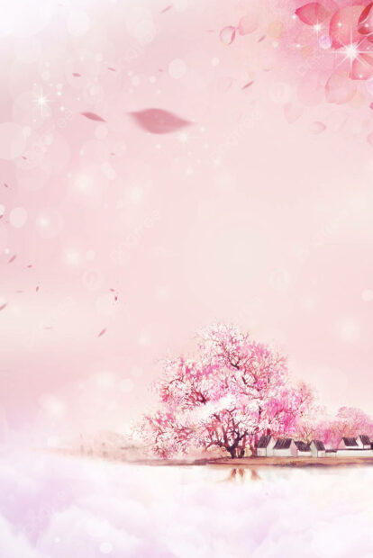 An ethereal illustration depicts blooming pink trees and small houses beside a reflective water body under a soft, sparkling pink sky with falling petals