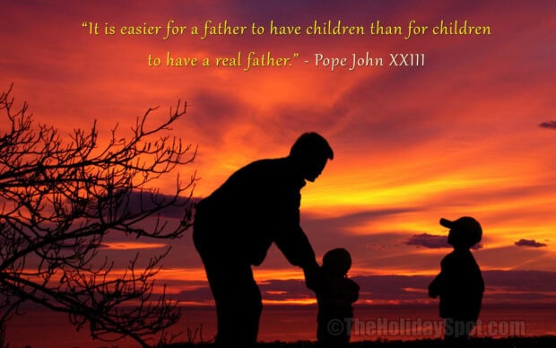 Silhouetted father bends, holding a young child's hand, as another child observes, all framed by a brilliant orange sunset and a profound quote