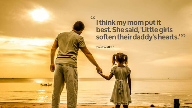 Father and daughter hold hands, standing on a beach, watching a golden sunset over the ocean, with an inspiring quote