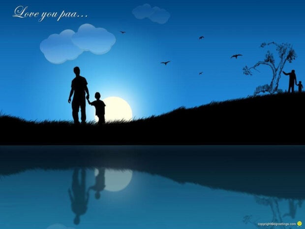 A father and son silhouette walk hand in hand on a grassy hill, reflecting in calm water under a vibrant blue sunset sky