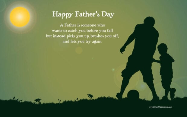 Father and son silhouettes play soccer on grassy ground, illuminated by a bright sun, with an inspirational quote about fatherhood displayed on a high-definition gradient sky