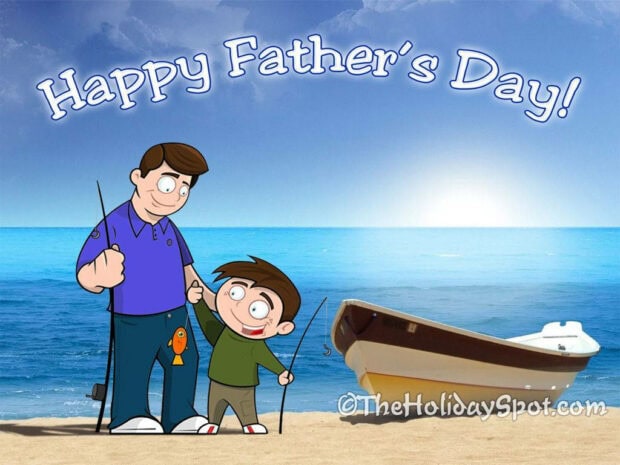 Cartoon father and son stand fishing on a sandy beach beside a small boat, the ocean stretches to the horizon, with 'Happy Father's Day!' text above