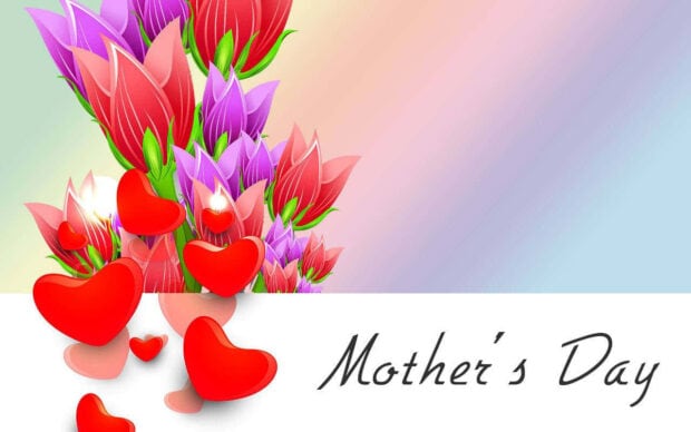 Stylized pink and purple flowers cluster with red hearts, forming a vibrant border on a soft gradient background with 
