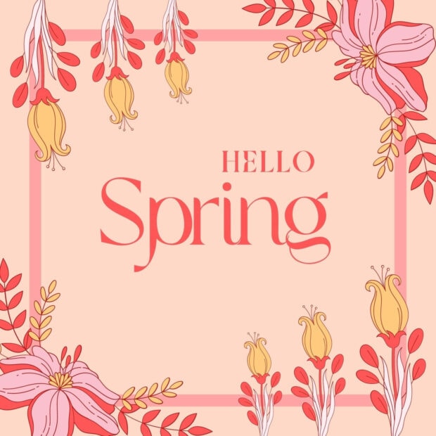 Stylized pink and yellow flowers decorate a framed peach background, displaying 'HELLO Spring' centrally