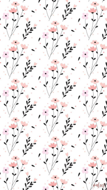 A repeating pattern of stylized pink flowers extends with delicate black stems and leaves, surrounded by small black specks on a clean white background, presented in crisp 1079x1920 resolution