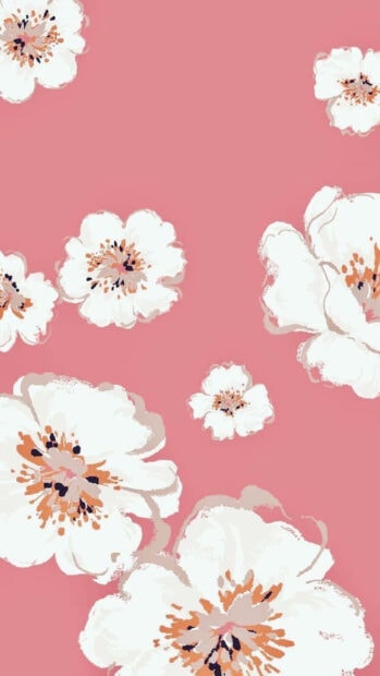 Stylized white flowers bloom and scatter against a vibrant coral background, displaying dark and orange centers