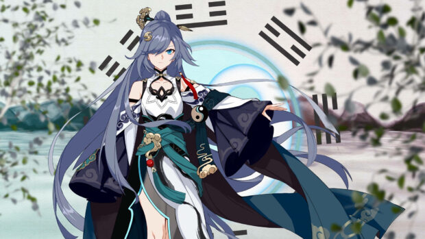Anime character Fu Hua poses confidently in an elegant blue and white traditional Chinese-inspired outfit, her long hair flowing, against a background featuring subtle trigram symbols and blurred green foliage