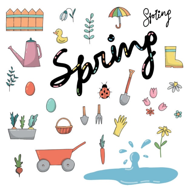 Various garden tools and elements illustrate seasonal activities