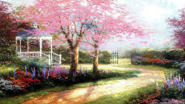 A charming white gazebo stands nestled in a painted garden, surrounded by pink flowering trees and a winding sun-dappled path