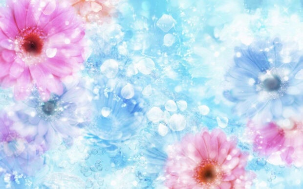 Pink and blue gerbera petals appear suspended in shimmering water with sparkling light effects