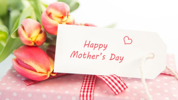 A pink polka-dot gift box wrapped with a red checkered ribbon displays a white tag with 