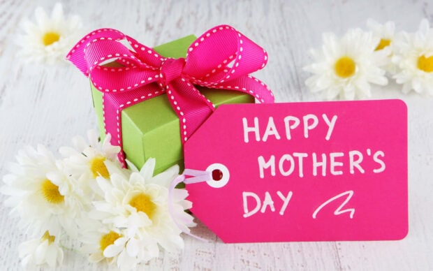 Green gift box tied with pink ribbon sits beside a pink tag and white daisies