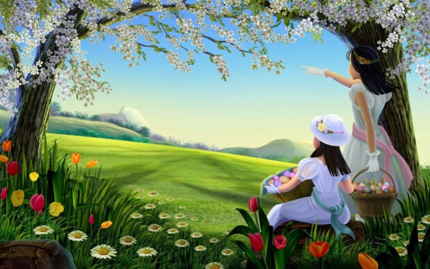 Two girls explore a blooming field, one points while the other holds baskets of Easter eggs