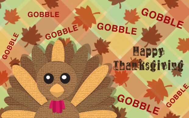Cartoon turkey peeks from the bottom, surrounded by repeating 