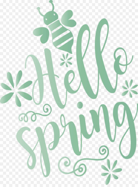Light green gradient text 'Hello Spring' features a stylized bee, small floral starbursts, and decorative swirls