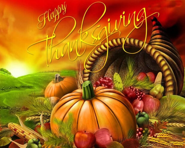 A vibrant cornucopia overflows with colorful autumn produce like pumpkins, corn, and apples, set against a glowing sunset over rolling green hills, with festive text above