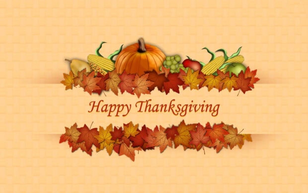 An arrangement of autumn leaves frames a bounty of harvest produce, including a pumpkin, corn, and fruits, on a light background with central celebratory text