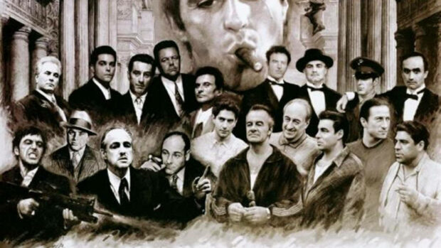 Many film characters depicted in a sepia-toned artistic montage, with a prominent figure smoking a cigar, showcasing various key players from the crime drama