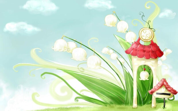 An animated landscape features a small whimsical red-roofed house standing beside towering lily of the valley flowers under a soft blue sky with fluffy clouds