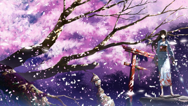 Girl in kimono stands beside a red torii gate under a massive cherry blossom tree, its petals falling onto the ground