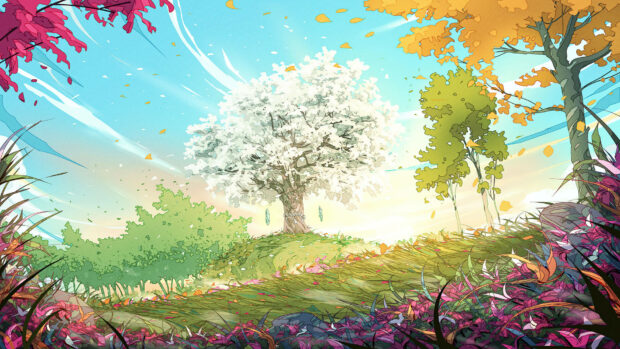 Fantasy landscape displays a glowing white tree blooming, surrounded by colorful foliage, with petals drifting under a bright sky
