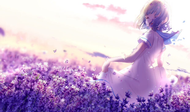 Young woman sits amidst a vast lavender field, gazing into the glowing pastel sky as petals fall around her