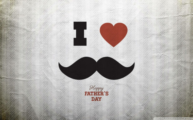 Black letter I, red heart, and black mustache display a message on a vintage striped background with 'Happy Father's Day' text below