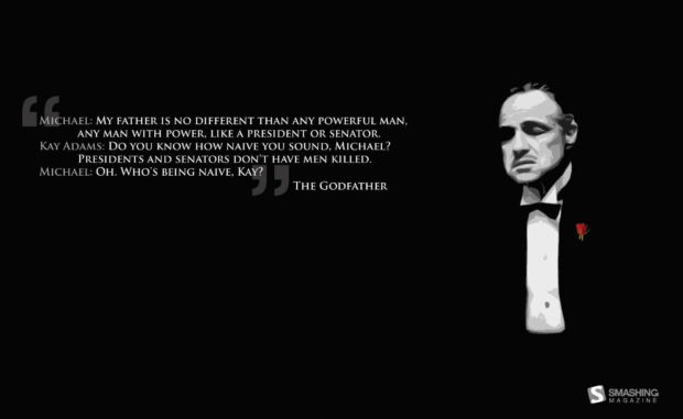 Michael Corleone's silhouette appears on a dark background next to a powerful dialogue exchange between Michael and Kay