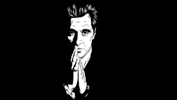 Al Pacino's face emerges from darkness, hands pressed together, conveying deep internal thought