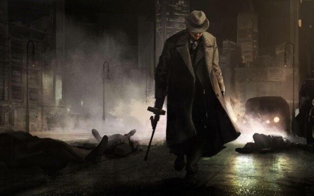 A lone figure walks away from fallen bodies on a dark, smoke-filled city street at night, clutching a cane