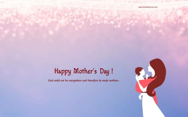A stylized illustration depicts a mother gently embracing her child against a soft pink and purple bokeh background, accompanied by a heartfelt quote