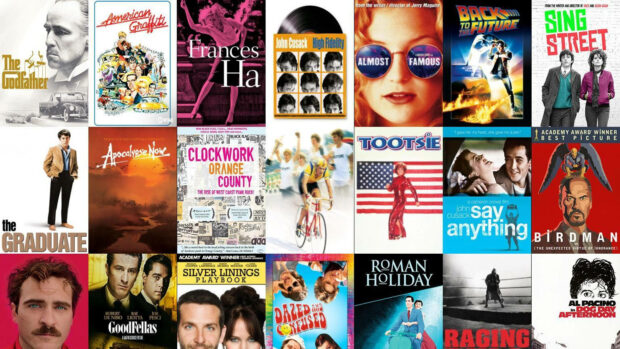 A dense grid of classic movie posters showcases diverse cinematic history, presenting various genres from iconic dramas to comedies, filling the entire frame