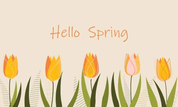 Stylized orange and pink tulips stand with green leaves across a light beige background under 