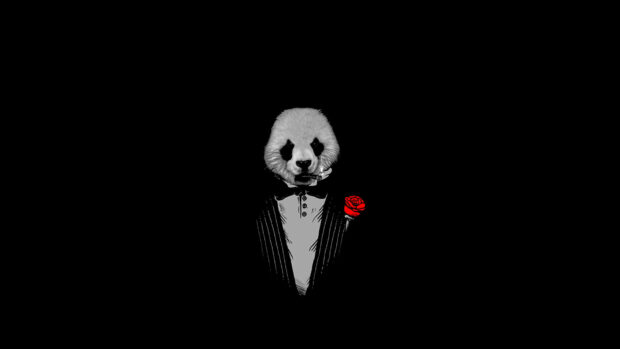 A panda wears a sharp tuxedo with a red rose, holding a cigar in a stylish, high-resolution minimalist graphic