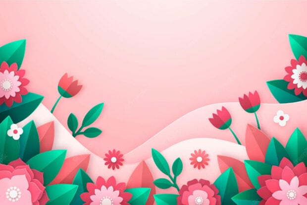 Stylized paper flowers and leaves border a pastel pink background with layered waves