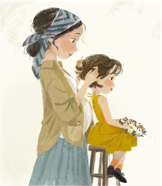 An illustrated parent gently styles their young child's hair as the child holds a small flower bouquet, depicting a tender moment