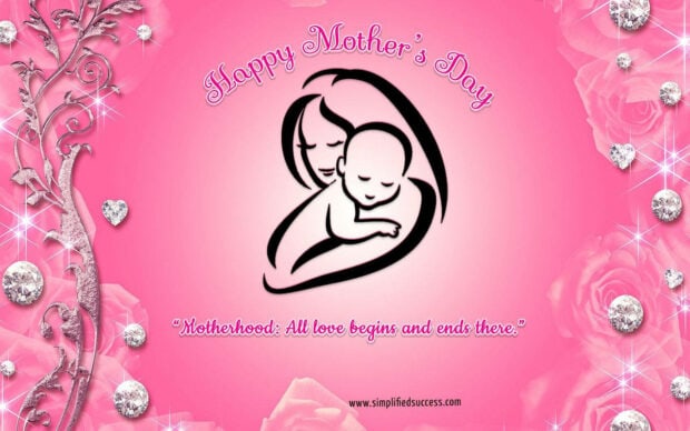 A stylized mother embraces her baby, surrounded by shimmering diamonds and floral patterns on a vibrant pink background with celebratory text
