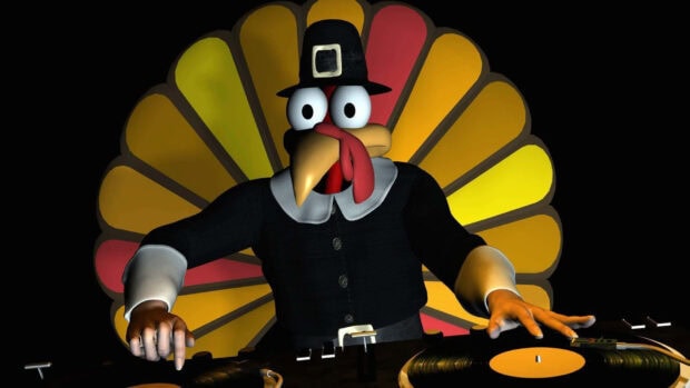 Pilgrim turkey spins records, operating a DJ setup with a classic feathered fan backdrop