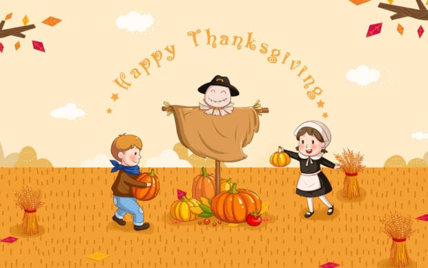 Two young pilgrim children arrange pumpkins around a friendly scarecrow in a golden harvest field adorned with bundles of wheat