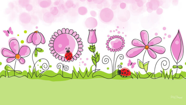 Cartoon flora bloom, ladybugs crawl, butterflies flutter against a soft pink bokeh background