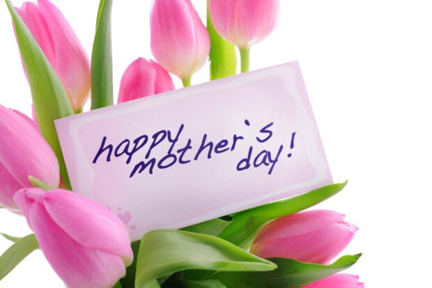 Vibrant pink tulips form a fresh bouquet, cradling a handwritten greeting card with lush green leaves, presented in high definition