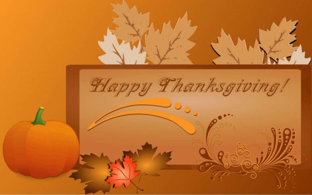 A bright orange pumpkin rests beside a framed message, adorned with scattered autumn leaves and elegant decorative swirls on an orange backdrop