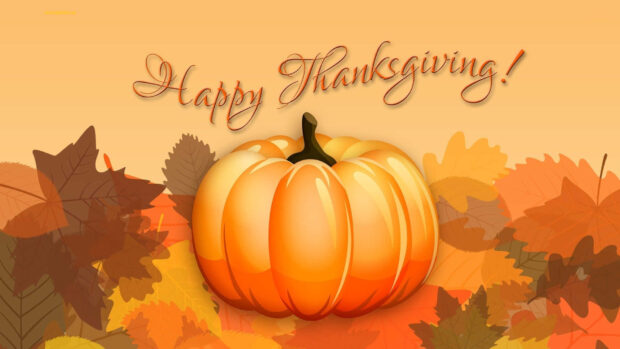 A large, radiant orange pumpkin rests prominently amidst a vibrant scatter of autumn leaves against a warm, gradient orange backdrop