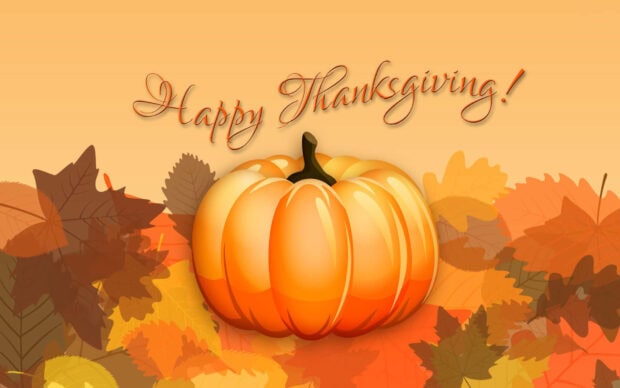 A vibrant orange pumpkin sits prominently, surrounded by a lively scattering of fall leaves on a warm gradient background, featuring celebratory text
