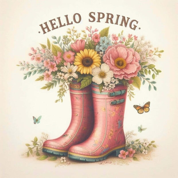 Pair of pink rain boots hold an abundant floral bouquet featuring sunflowers, peonies, and various wildflowers, while butterflies flutter around, creating a whimsical garden scene