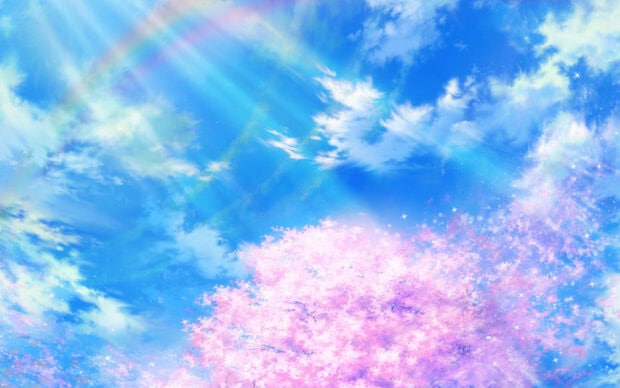 Bright blue sky displays fluffy white clouds and a vivid rainbow arching across the top, seen from below with the upper canopy of pink and purple flowering trees bursting into bloom